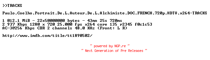 NFO for the release Paulo.Coelho.Portrait.De.L.Auteur.De.L.Alchimiste.DOC.FRENCH.720p.HDTV.x264-TRACKS by TRACKS