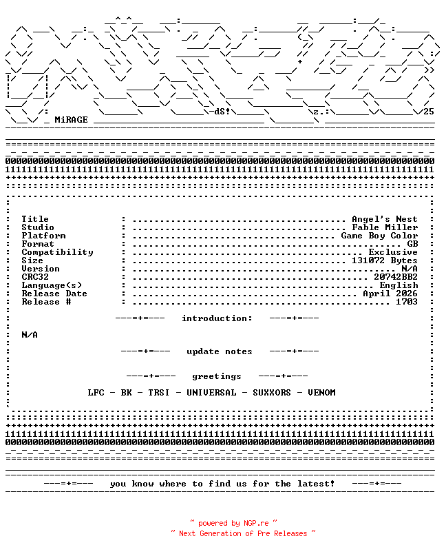 NFO for the release Angels_Nest_GBC-MiRAGE by MiRAGE