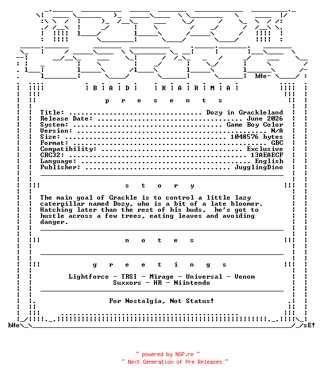 NFO for the release Dozy_in_Grackleland_GBC-bADkARMA by bADkARMA