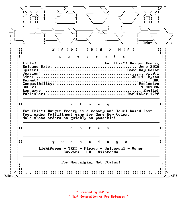 NFO for the release Eat_This_Burger_Frenzy_v1.0.1_GBC-bADkARMA by bADkARMA