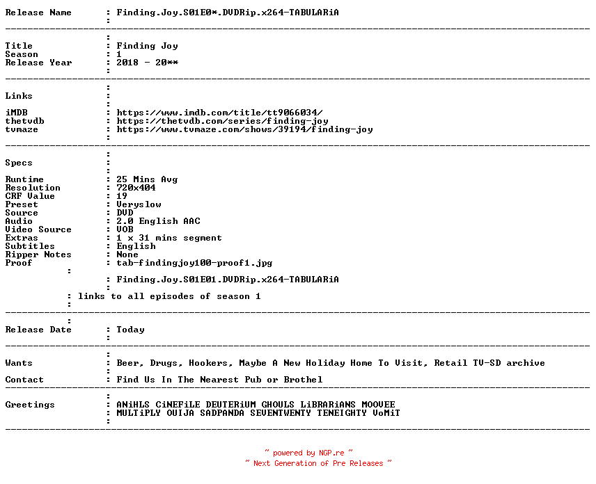 NFO for the release Finding.Joy.S01E01.DVDRip.x264-TABULARiA by TABULARiA
