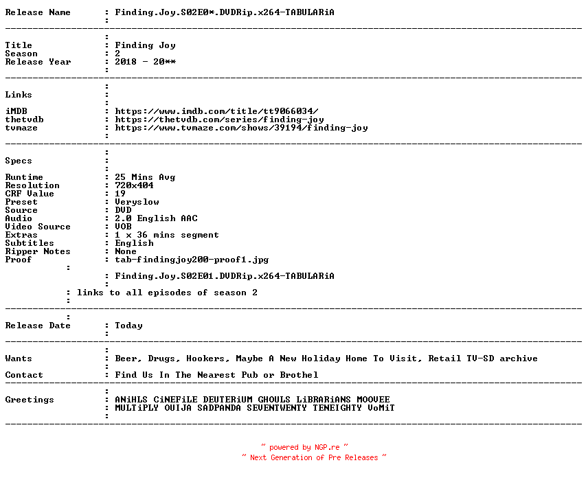 NFO for the release Finding.Joy.S02.EXTRAS.DVDRip.x264-TABULARiA by TABULARiA