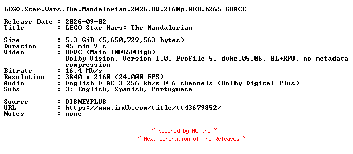 NFO for the release LEGO.Star.Wars.The.Mandalorian.2026.DV.2160p.WEB.h265-GRACE by GRACE
