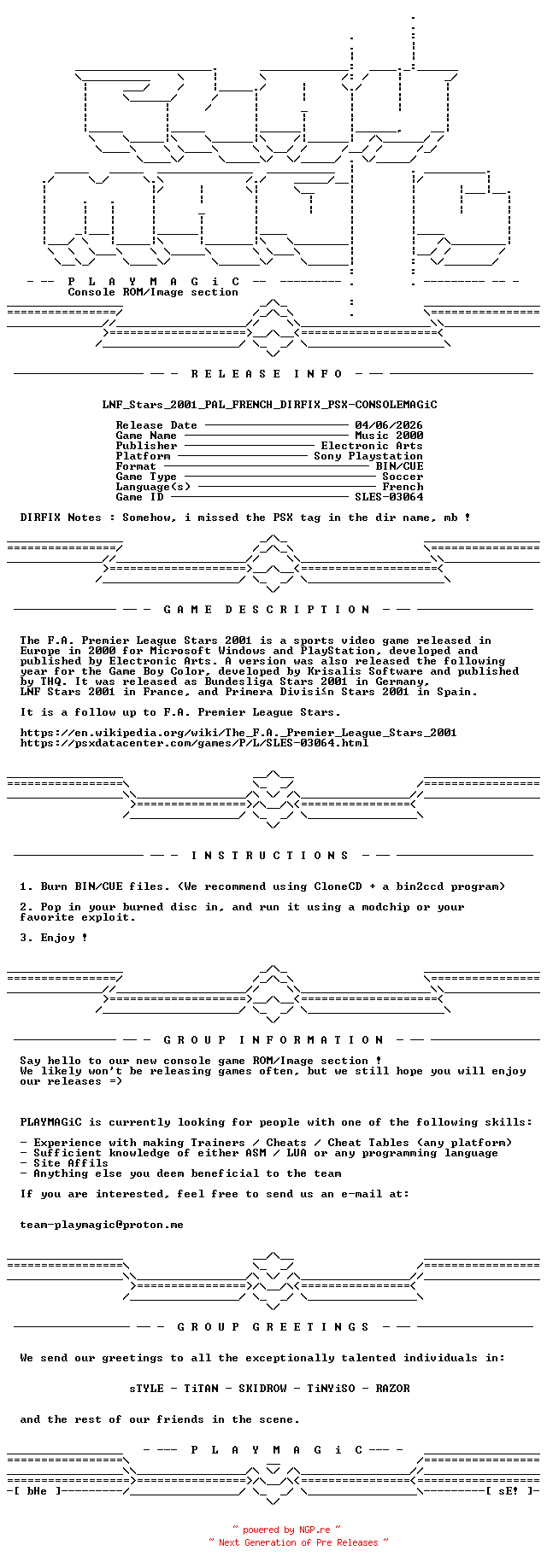 NFO for the release LNF_Stars_2001_PAL_FRENCH_DIRFIX_PSX-CONSOLEMAGiC by CONSOLEMAGiC
