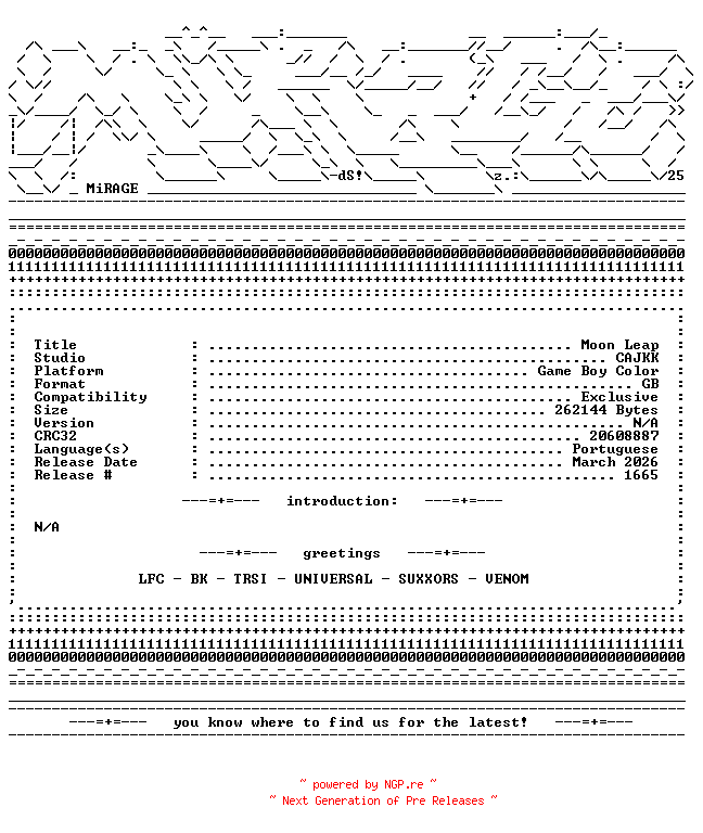 NFO for the release Moon_Leap_PORTUGUESE_GBC-MiRAGE by MiRAGE