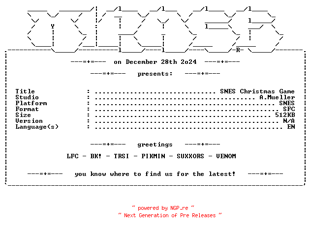 NFO for the release SNES_Christmas_Game_SNES-MiRAGE by MiRAGE