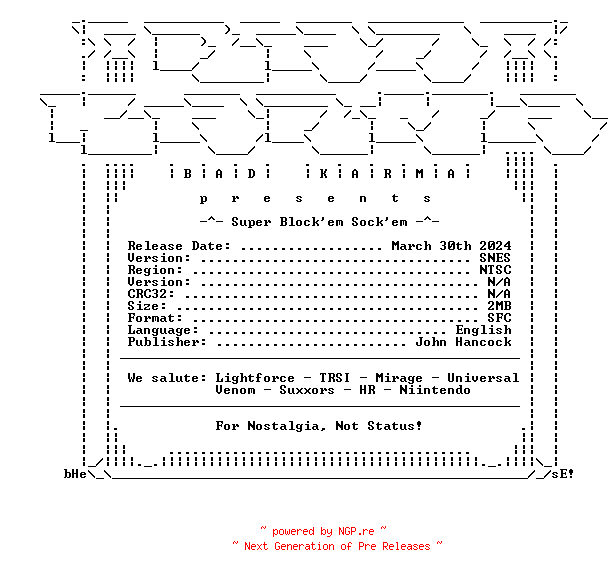 NFO for the release Super_Blockem_Sockem_SNES-bADkARMA by bADkARMA