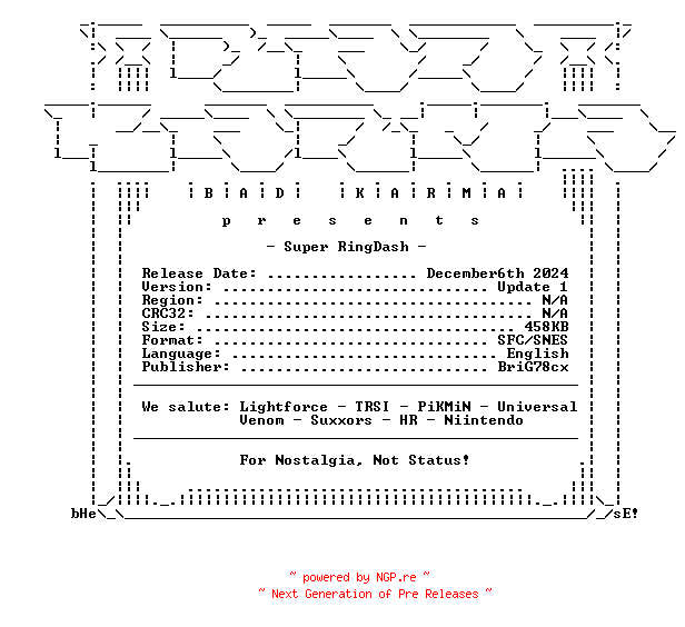 NFO for the release Super_RingDash_Update_1_SNES-bADkARMA by bADkARMA