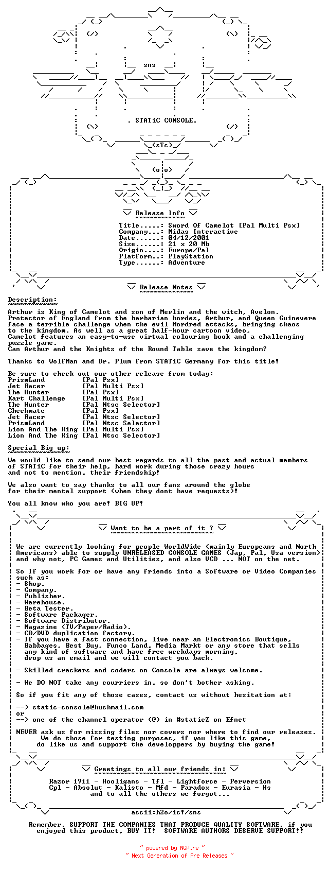 NFO for the release Sword_Of_Camelot_Pal_Multi_Psx-STATiC by STATiC
