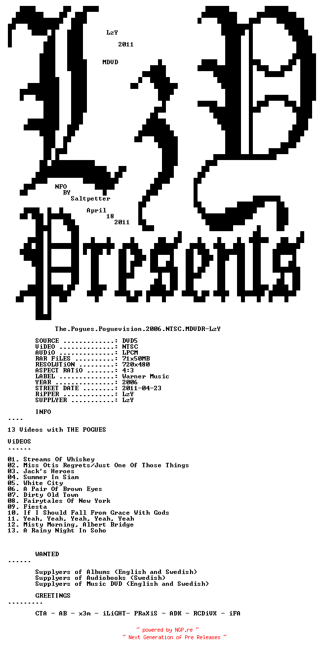 NFO for the release The.Pogues.Poguevision.2000.NTSC.MDVDR-LzY by LzY