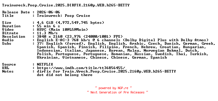 NFO for the release Trainwreck.Poop.Cruise.2025.DIRFIX.2160p.WEB.h265-BETTY by BETTY