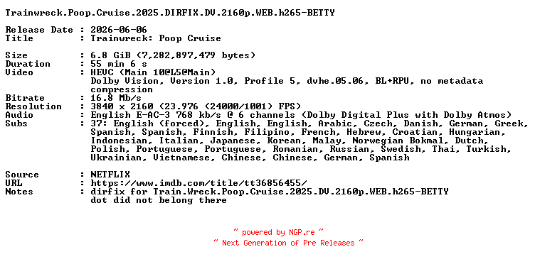 NFO for the release Trainwreck.Poop.Cruise.2025.DIRFIX.DV.2160p.WEB.h265-BETTY by BETTY