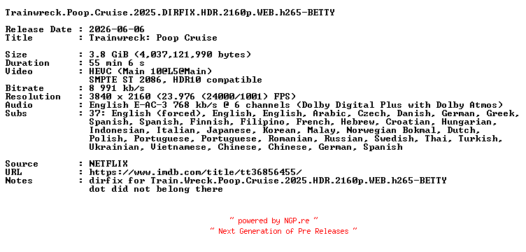 NFO for the release Trainwreck.Poop.Cruise.2025.DIRFIX.HDR.2160p.WEB.h265-BETTY by BETTY
